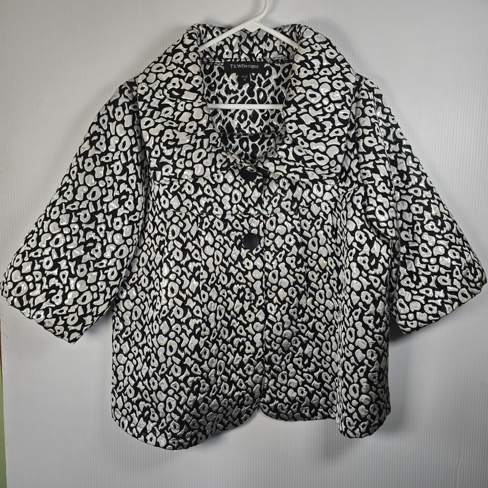 T&W Designs Women's Black Silver Metallic 3/4 Sleeve Jacket Unstructured Size M